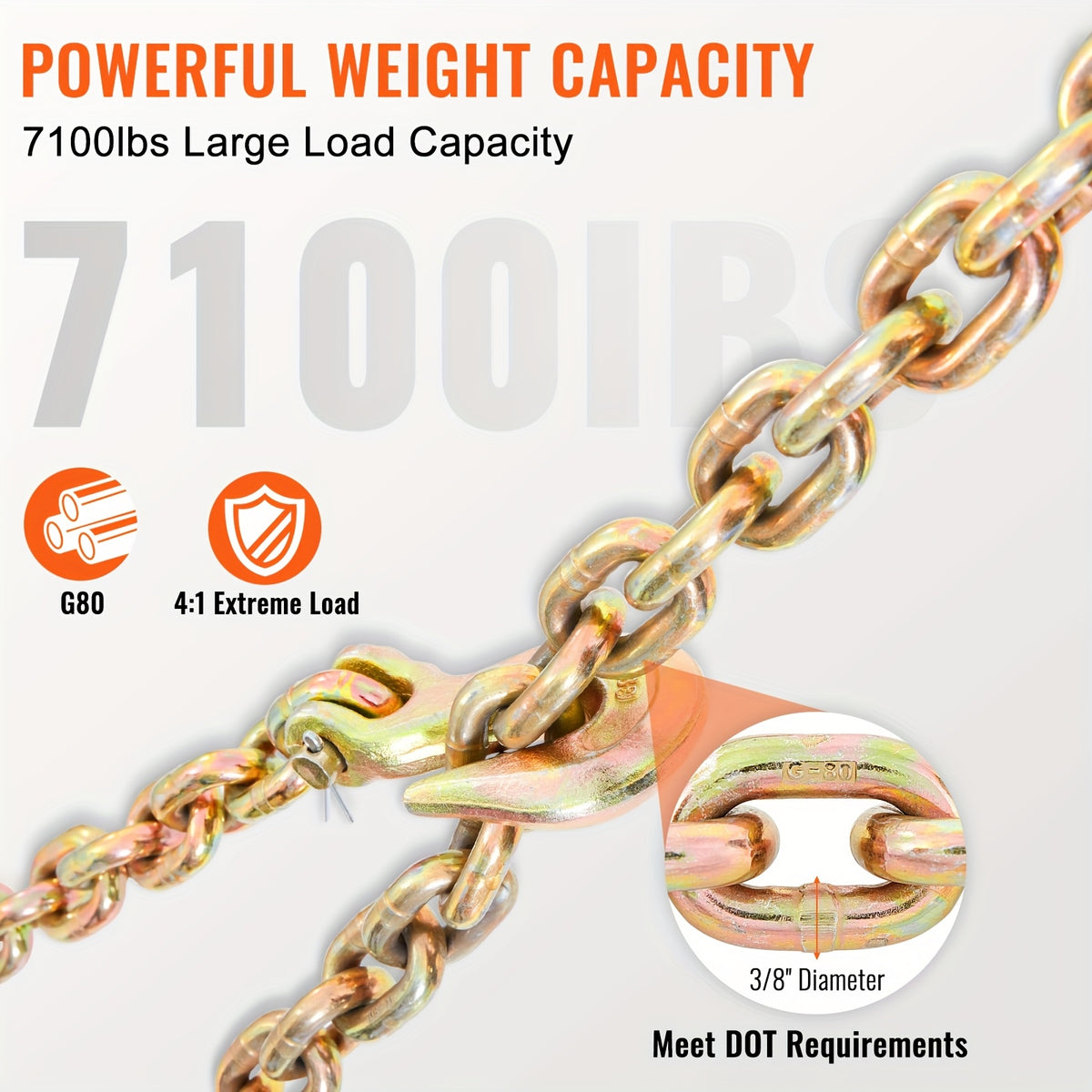 Happybuy Transport Binder Chain, 7100 Lbs Working Load Limit, 3/8'' X 20' G80 Tow Chain Tie Down With Grab Hooks, DOT, Galvanized Manganese Steel For Dock, Factory, And Construction Sites