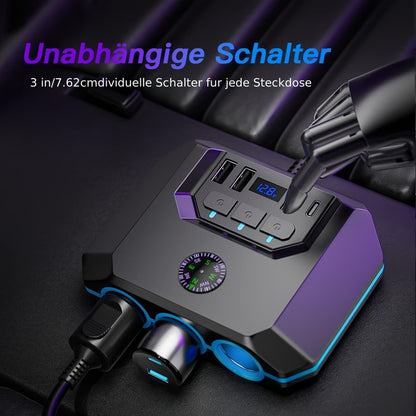 Car Cigarette Lighter Splitter 3-Socket 120W Power Outlet Adapter | QC3.0 + PD USB Ports | 12V/24V Voltage Monitor Independent Switch Car Charger Hub for SUV Truck RV Multi-Device Charging