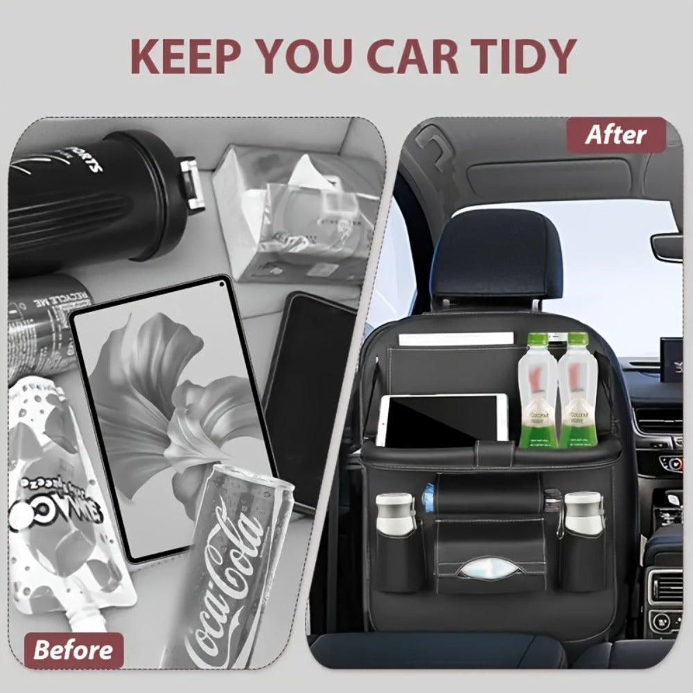 Car Rear Seat Organizer with Foldable Table, Footrest, Cup Holder, Tissue Box & Laptop Base – 2-Piece Premium Back Seat Storage Box Travel Companion