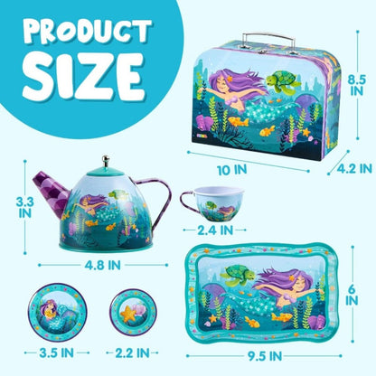 Mermaid Tea Party Set for Girls 21pcs – Tin Teapot, 4 Cups, Saucers, Plates & Carrying Case | Pretend Play Kitchen Toy for Toddlers, Birthday & Christmas Gift for Girls Ages 3 4 5 6