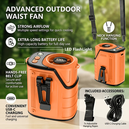 Portable Waist Fan 4-in-1 Neck Fan with Flashlight Power Bank Large Battery for Outdoor Camping Hiking Sports EDC