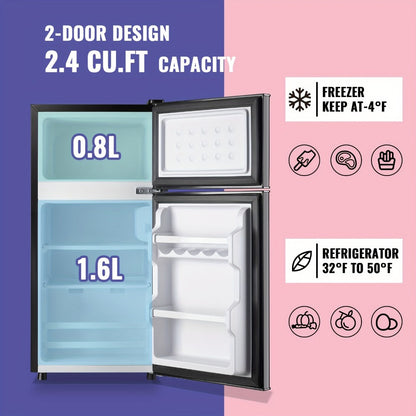 Mini Refrigerator with Freezer, 2.4 Cu Ft Double Door Small Fridge with Removable Shelves & Adjustable Feet – Compact Personal Fridge for Bedroom, Dorm, Apartment, Home Office and Kitchen