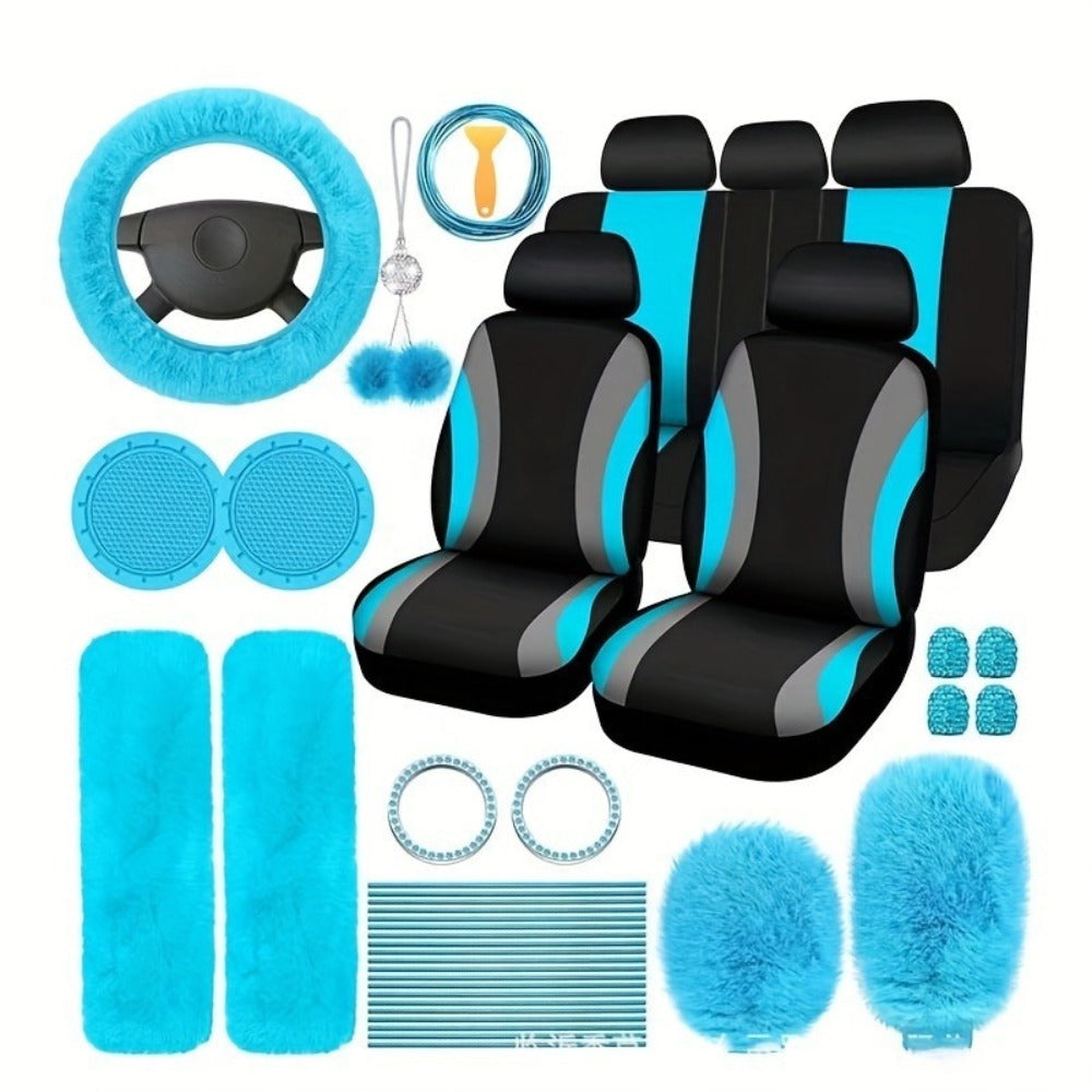 Car Interior Accessories Set for Women 45-Piece – Plush Steering Wheel Cover, Seat Cushion & Pendant, Universal Fit All Seasons, Available in Red, Black, Blue, Pink, Purple & More