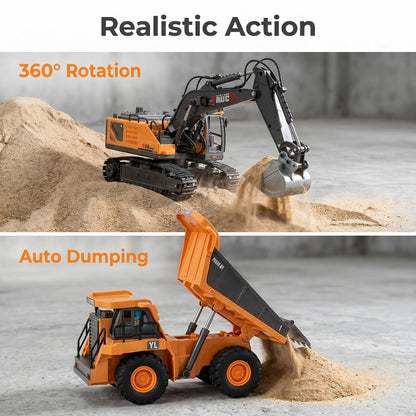 RC Construction Vehicle Set 2/3/4pcs – 2.4GHz 11-Channel Remote Control Excavator Dump Truck Bulldozer Alloy Engineering Toy for Boys Kids Ages 6+, Best Birthday Christmas Gift