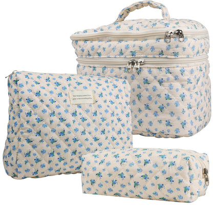 Quilted Floral Makeup Bag Set 3PCS Large Capacity Dual Layer Cotton Cosmetic Bags Coquette Aesthetic Travel Toiletry Organizer Gift for Women Girls Blue Rose Pink