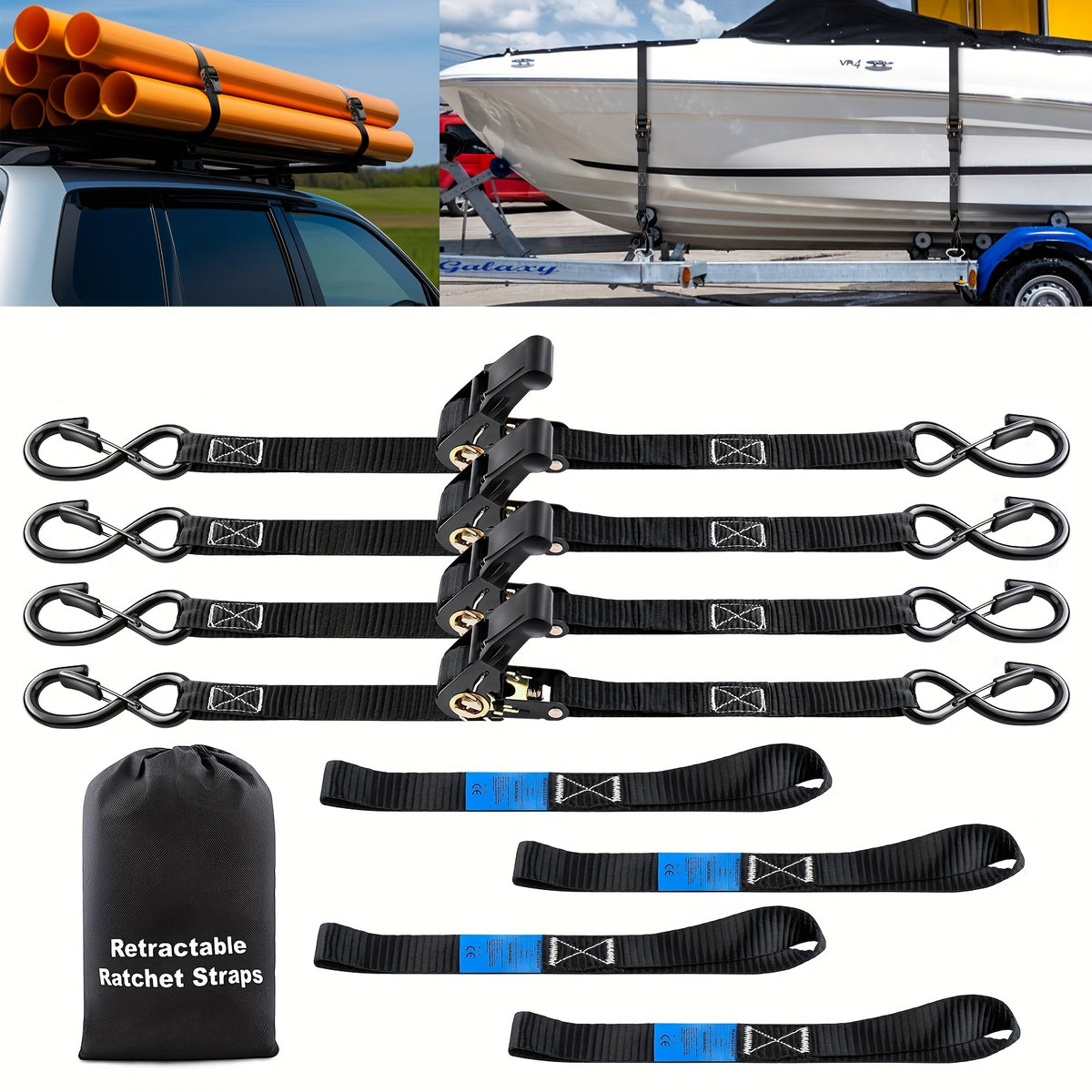 LIALEX 4pcs Ratchet Straps Heavy Duty 15ft 1800 LB Break Strength Ratchet Tie Down with Safety Lock S Hooks and Soft Loop Tie Down