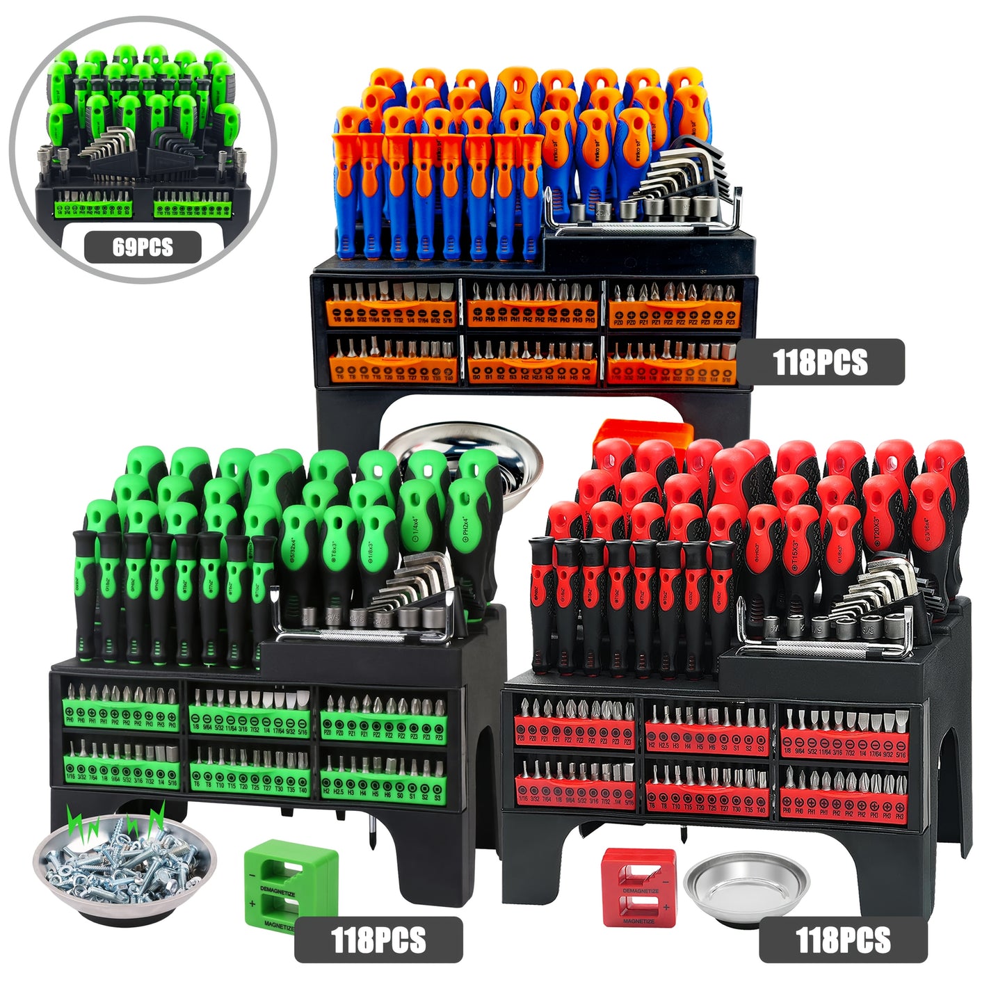 118/69pcs Magnetic Screwdriver Set with Plastic Organizer, Includes Precision, Slotted, Phillips, Hex, Pozidriv, Torx Screwdriver Set And Magnetizer Demagnetizer DIY Tools - Perfect Tools Gift for Men (Green/Red/Blue/Orange&Blue)