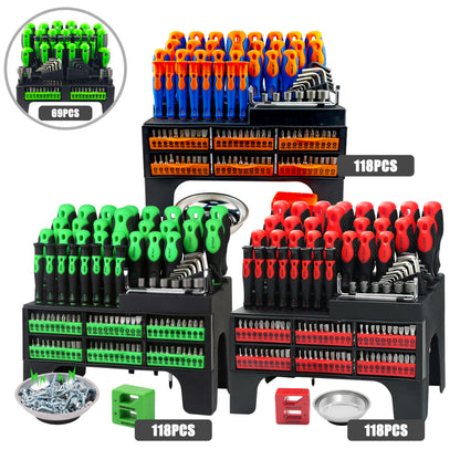 118/69pcs Magnetic Screwdriver Set with Plastic Organizer, Includes Precision, Slotted, Phillips, Hex, Pozidriv, Torx Screwdriver Set And Magnetizer Demagnetizer DIY Tools - Perfect Tools Gift for Men (Green/Red/Blue/Orange&Blue)