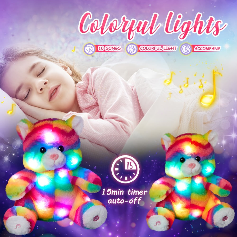 Glow in the Dark Rainbow Cat Plush Toy with Music — Kawaii Glowing Kitty Stuffed Animal Night Light Companion for Kids Girls, Birthday Mother's Day Christmas Valentine Gift for Cat Lovers