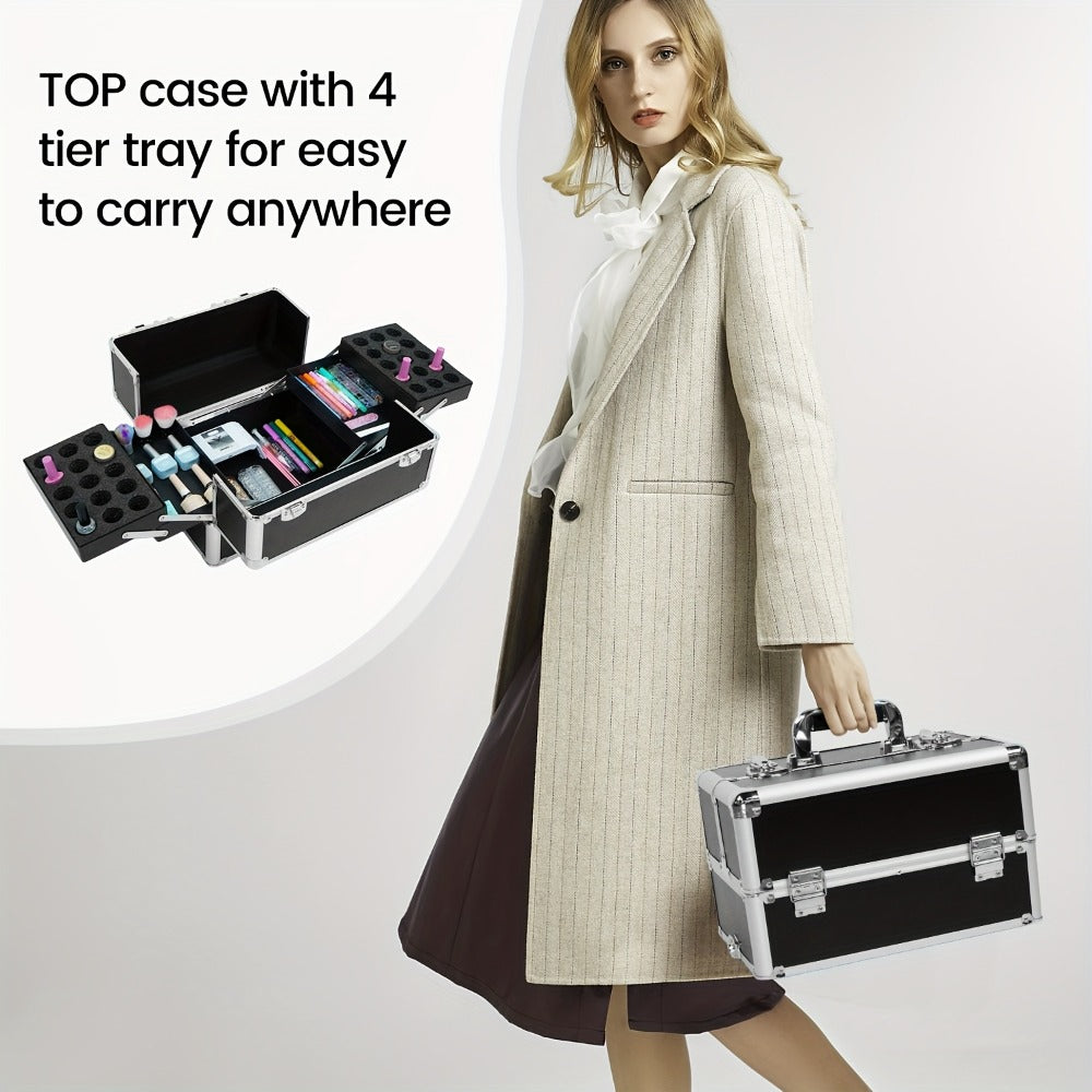 Rolling Makeup Train Case 4-in-1 Black Cosmetic Trolley with 360° Swivel Wheels & Makeup Sponges Set — Large Professional Salon Travel Beauty Organizer