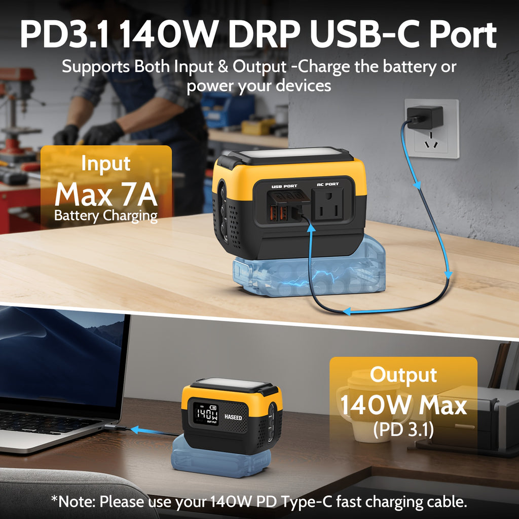 240W Power Inverter Pure Sine Wave, Compatible with De-Walt 20V Battery, Power Inverter Adapter, USB-C 140W Fast Battery Bidirectional Charger, 120V AC Outlets, 2 QC USB Ports(18W), 600LM LED, Summer Outdoor Camping Essentials(No Battery)