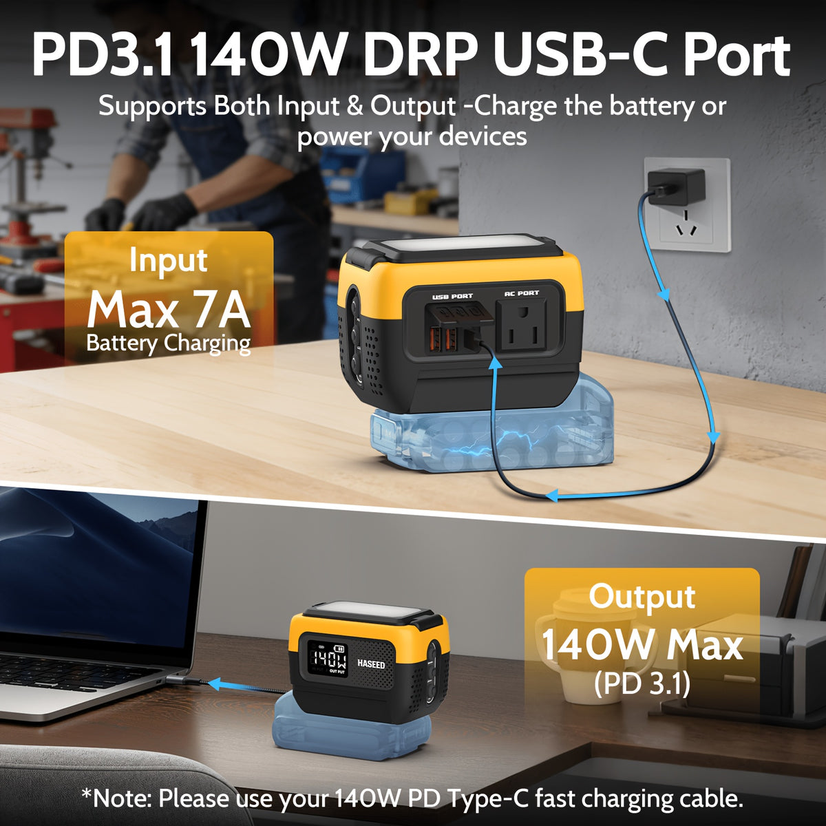 240W Power Inverter Pure Sine Wave, Compatible with De-Walt 20V Battery, Power Inverter Adapter, USB-C 140W Fast Battery Bidirectional Charger, 120V AC Outlets, 2 QC USB Ports(18W), 600LM LED, Summer Outdoor Camping Essentials(No Battery)