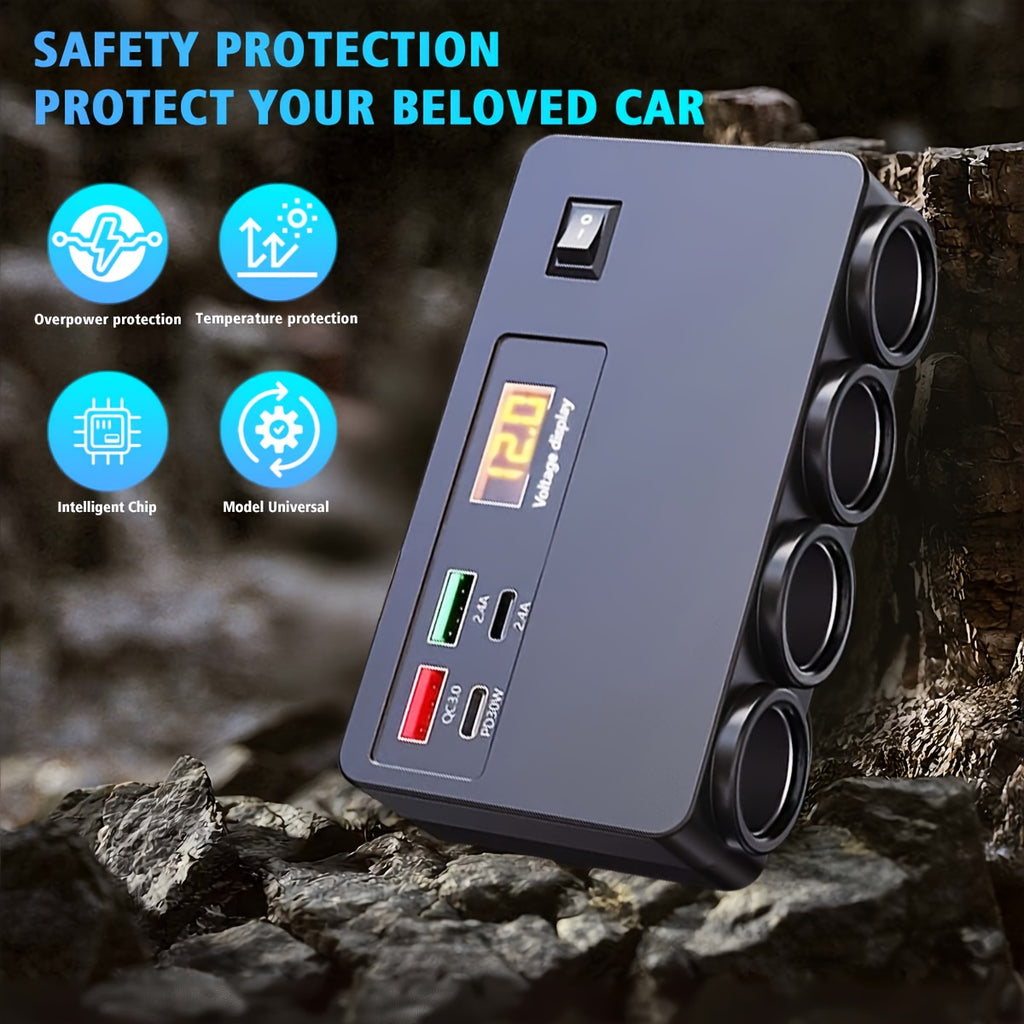 8-In-1 120W Car Charger Adapter, 4-Outlet Auto Power Outlet Splitter with PD 30W Type-C And QC3.0 USB Ports, Fast Vehicle Extender with LED Voltmeter And Main Switch for Cars, Trucks, Rvs, Dash Cams by AXVIV
