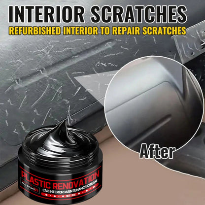 Car Plastic Restorer & Black Interior Trim Polish - Scratch Repair Paste, Anti-Aging Refurbishment Wax for Dashboard, Bumper, Tire Shine & Leather Seat Care, Works on All Car Interiors & Exteriors (30g + Sponge)