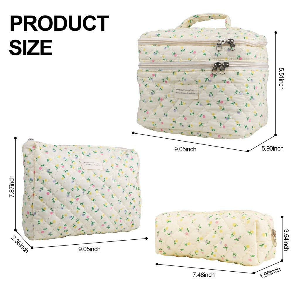Quilted Floral Makeup Bag Set 3PCS Large Capacity Dual Layer Cotton Cosmetic Bags Coquette Aesthetic Travel Toiletry Organizer Gift for Women Girls Blue Rose Pink