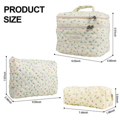Quilted Floral Makeup Bag Set 3PCS Large Capacity Dual Layer Cotton Cosmetic Bags Coquette Aesthetic Travel Toiletry Organizer Gift for Women Girls Blue Rose Pink