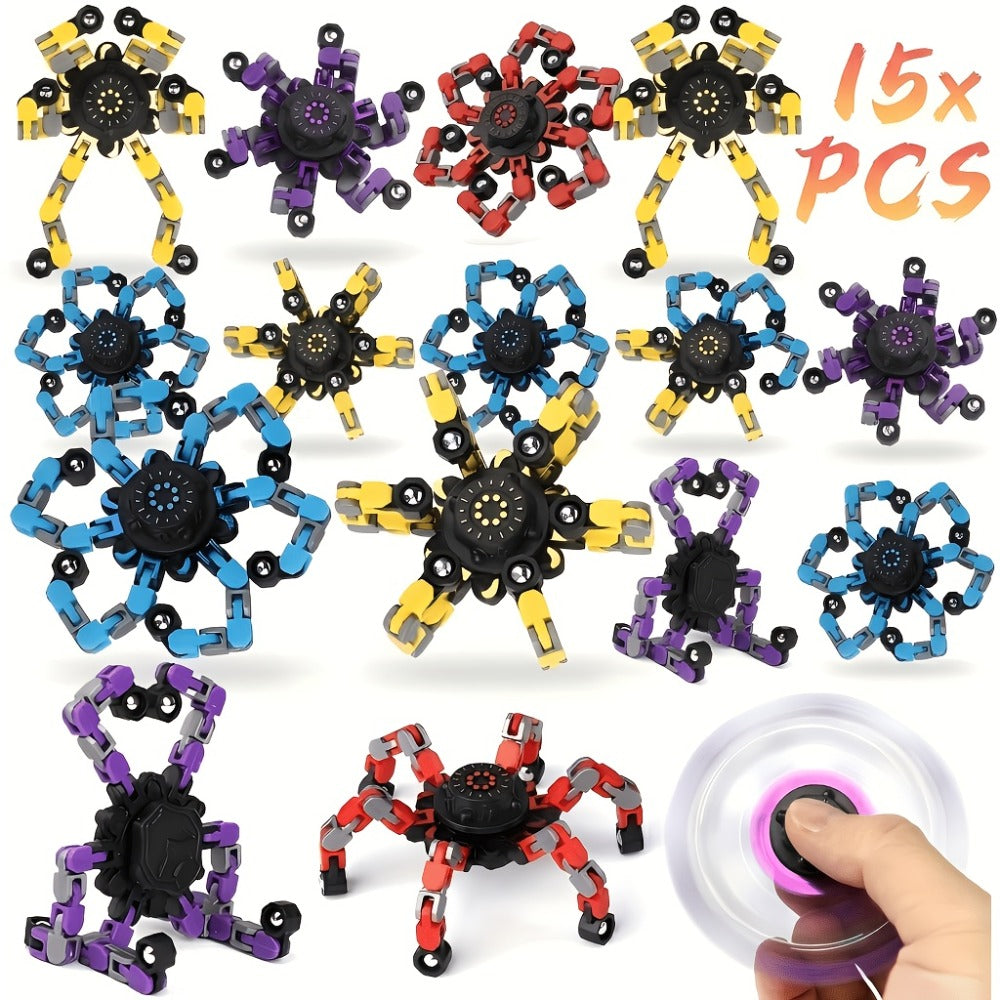 Fidget Spinners Robot Fingertip Toys 10 or 15 Pack – Stress Relief Mechanical Gyro Spinning Tops, Luminous & Standard, Party Favors for Kids Adults