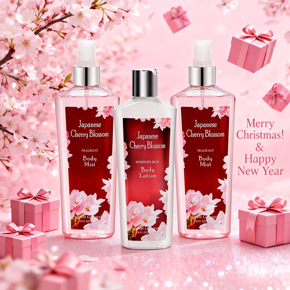 Body Care Gift Set for Women 3pcs – Body Wash, Lotion & Perfume Long-Lasting Fragrance Moisturizing Skin Care Kit Sweet Bloom Cherry Blossom Coconut Lime Lavender