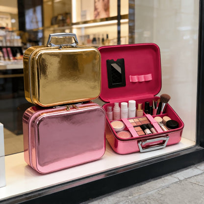 Glitter Makeup Travel Case Hard Shell Large Capacity Flat Lay Organizer Luxury Cosmetic Storage Box for Women Portable Fits in Suitcase Gold Rose Red Pink Size L Beauty Gift