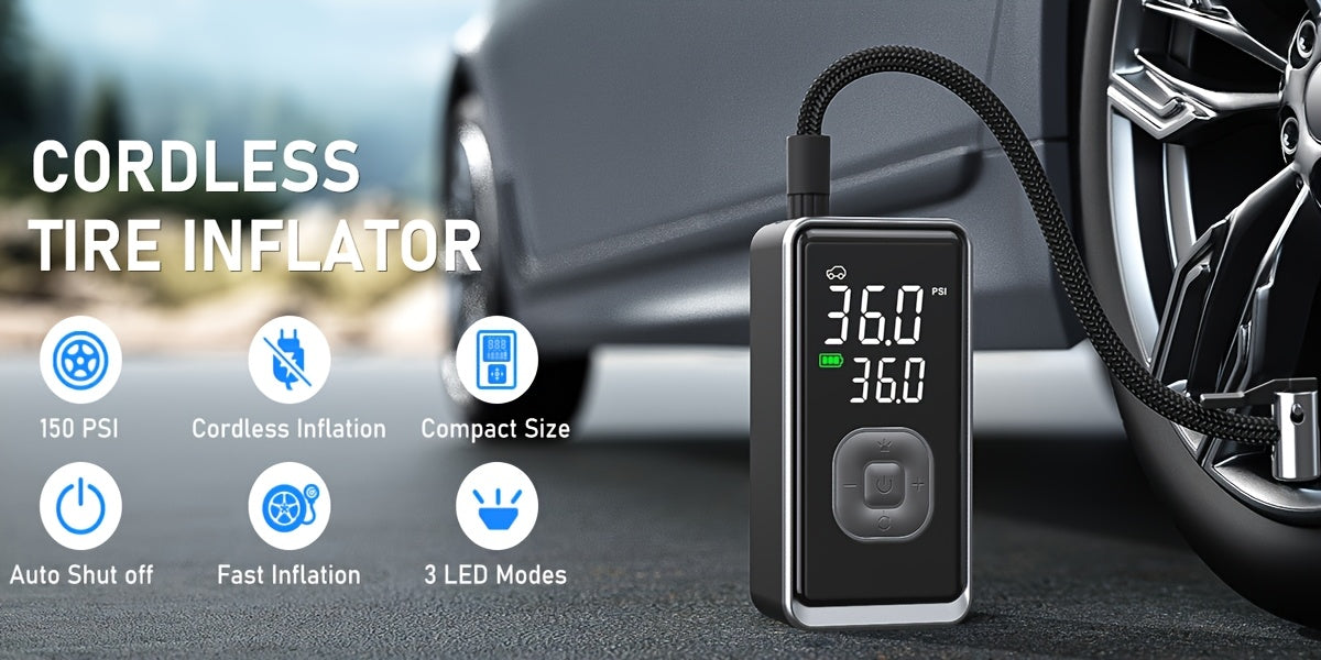 Portable Air Compressor | 150PSI Cordless Tire Inflator with Digital Pressure Gauge and LED Light, USB Charging, Quick Charge, Lithium Polymer Battery, for Car, Moto, Bicycle, Roadside Assistance and Emergency Support in All Terrains