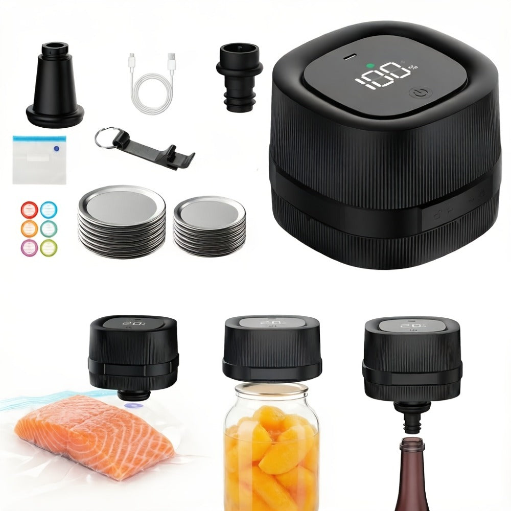 Electric Jar Vacuum Sealer 3-in-1 with 14 Sealing Lids – One-Button Leak-Proof Vacuum Sealing Machine for Food Storage, Fits Regular & Wide Mouth Jars, Wine Plug & Bag Included