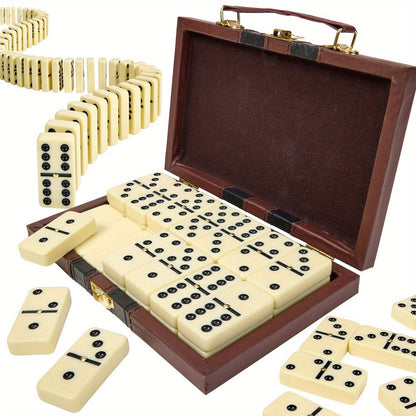 Domino Set 28 Tiles Classic Black with Leather Case – Durable Plastic Dominoes Portable Storage Box for Family Games Party Group Play, Holiday Christmas Thanksgiving Gift