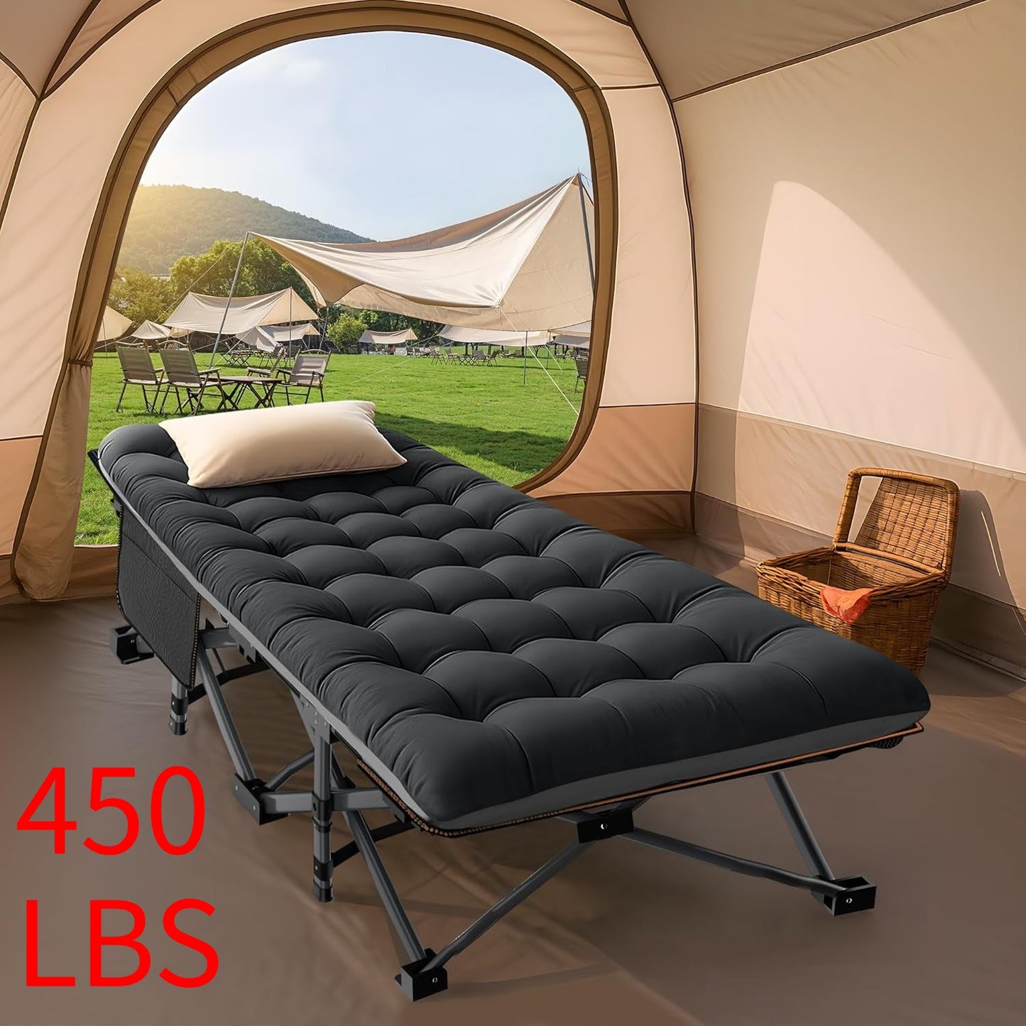 Folding Camping Cot Bed for Adults – Heavy Duty Double Layer Oxford Portable Camp Cot with Soft Pad & Carry Bag for Camping, Beach, Travel & Napping, 450/550/650 LBS Capacity Options