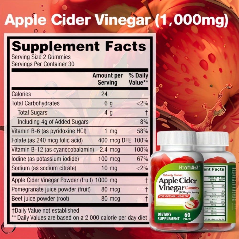 Apple Cider Vinegar Gummies 1000mg Extra Strength with B6, B12, Folic Acid, Pomegranate & Beet - Digestive Health, Clear Skin & Weight Support - Antioxidant ACV Gummies - 60 Count