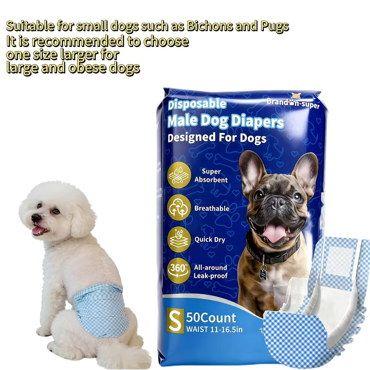 Disposable Dog Diapers 50-Pack for Male & Female Dogs - Super Absorbent Leak-Proof Pet Nappies, Comfortable Fit for Puppies, Senior Dogs, Incontinence & Post-Surgery Recovery, XXS to L