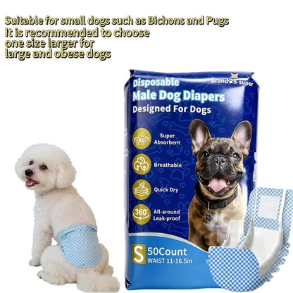 Disposable Dog Diapers 50-Pack for Male & Female Dogs - Super Absorbent Leak-Proof Pet Nappies, Comfortable Fit for Puppies, Senior Dogs, Incontinence & Post-Surgery Recovery, XXS to L