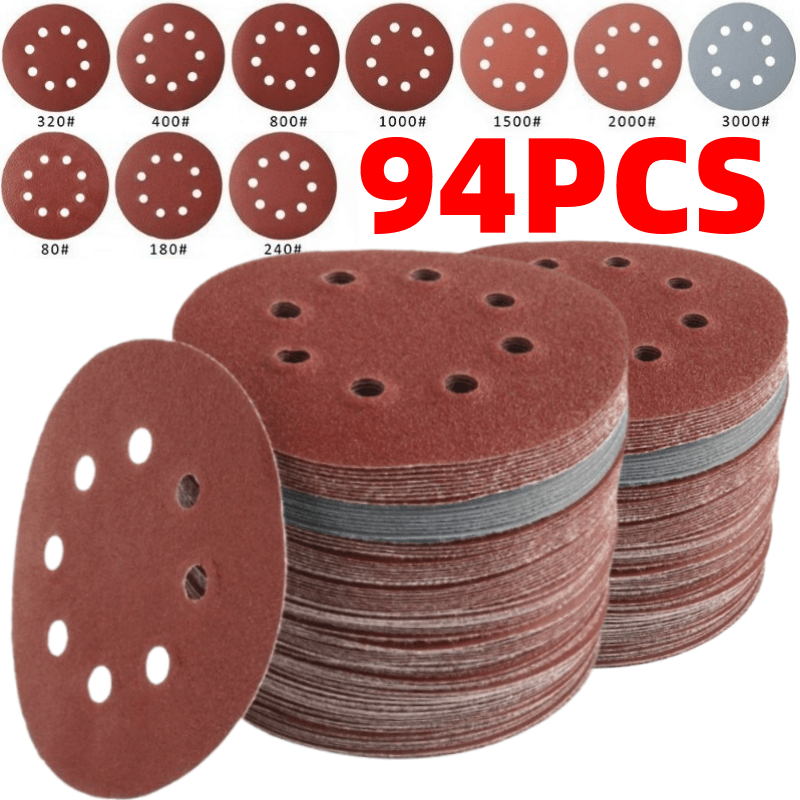 5 Inch Sandpaper 94 Pcs – 8-Hole Hook & Loop Sanding Discs, Assorted Grits 80/180/240/320/400/800/1000/1500/2000/3000, Aluminum Oxide Abrasive for Car Polishing, Wood, Metal & Paint Removal (125mm)
