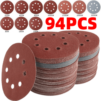 5 Inch Sandpaper 94 Pcs – 8-Hole Hook & Loop Sanding Discs, Assorted Grits 80/180/240/320/400/800/1000/1500/2000/3000, Aluminum Oxide Abrasive for Car Polishing, Wood, Metal & Paint Removal (125mm)
