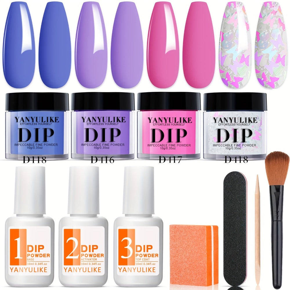 Spring Butterfly Glitter Dip Powder Kit 4 Colors Lilac Purple Blue Pink — Base Coat & Activator Included French Nail Art Salon Manicure Set No Lamp Needed