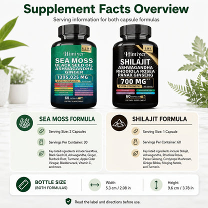 Sea Moss & Shilajit Capsules 12-in-1 Supplement - Bladderwrack Burdock Ashwagandha Black Seed Vitamin C D3 Rhodiola Ginseng Complete Wellness Formula for Energy Immunity Vitality
