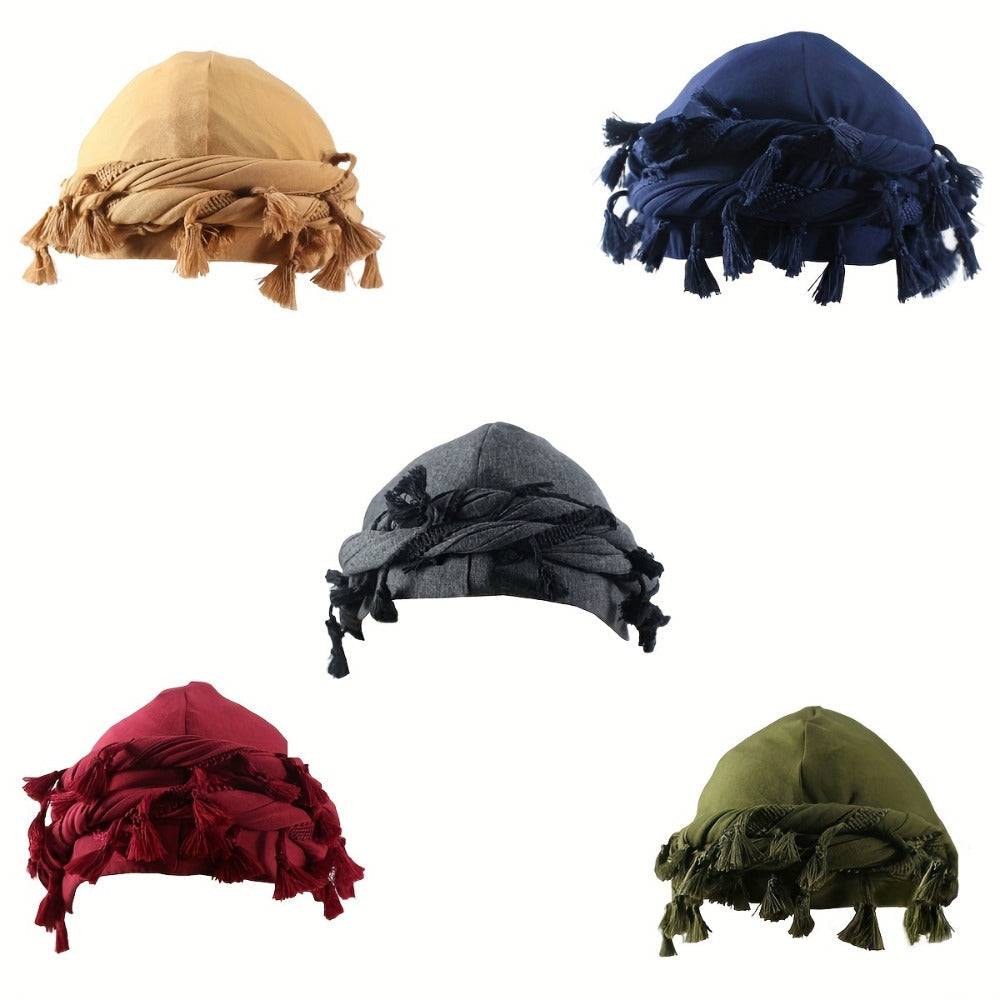 5pcs Vintage Ethnic Turban for Men with Tassel – Soft Elastic Durag Head Wraps for Outdoor, Festival, Cosplay & Daily Wear, 4 Colors Green Yellow Red Blue, Unisex Gift Set