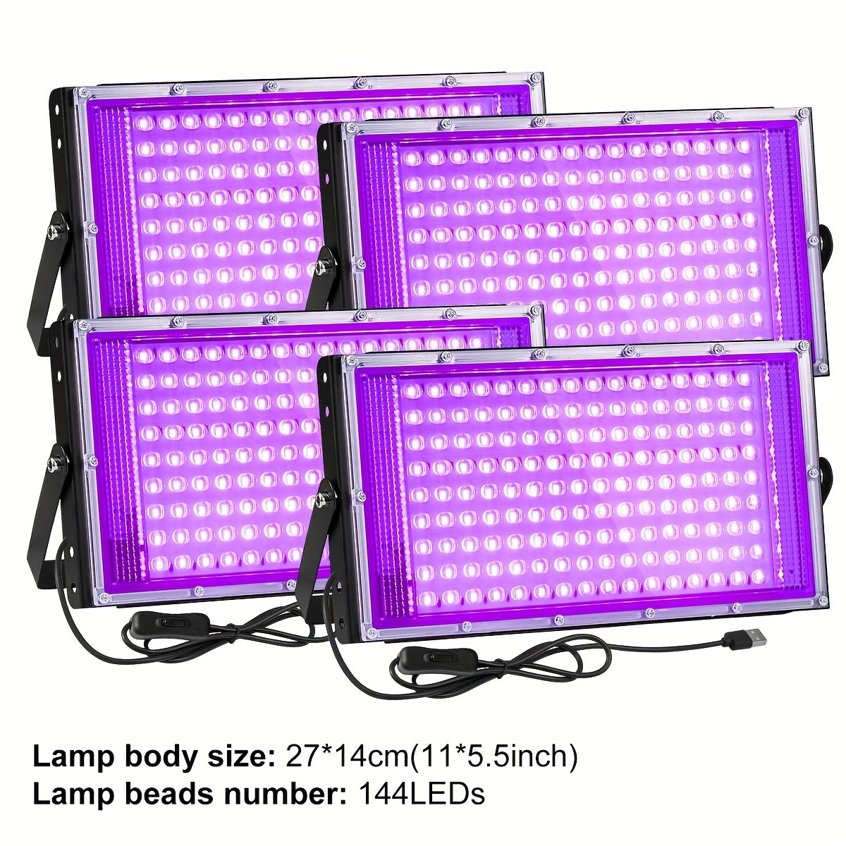 UV Black Light Flood Light 144 LED 385-400nm with USB Plug & Switch – Glow in the Dark Effect for Halloween Party Stage Lighting Body Paint Neon Poster Blacklight, Durable Plastic, 4 Pack