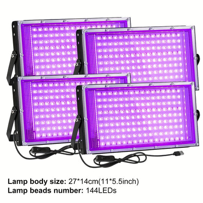 UV Black Light Flood Light 144 LED 385-400nm with USB Plug & Switch – Glow in the Dark Effect for Halloween Party Stage Lighting Body Paint Neon Poster Blacklight, Durable Plastic, 4 Pack