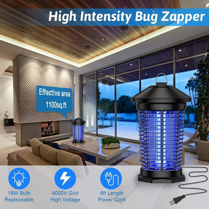 Bug Zapper Electric Indoor Outdoor – 4000V High Voltage UV 365nm 18W Mosquito Killer Fly Zapper with 6ft Cord, ABS Fireproof Safety Housing, Removable Tray & Cleaning Brush for Backyard Patio Garden Camping – Black