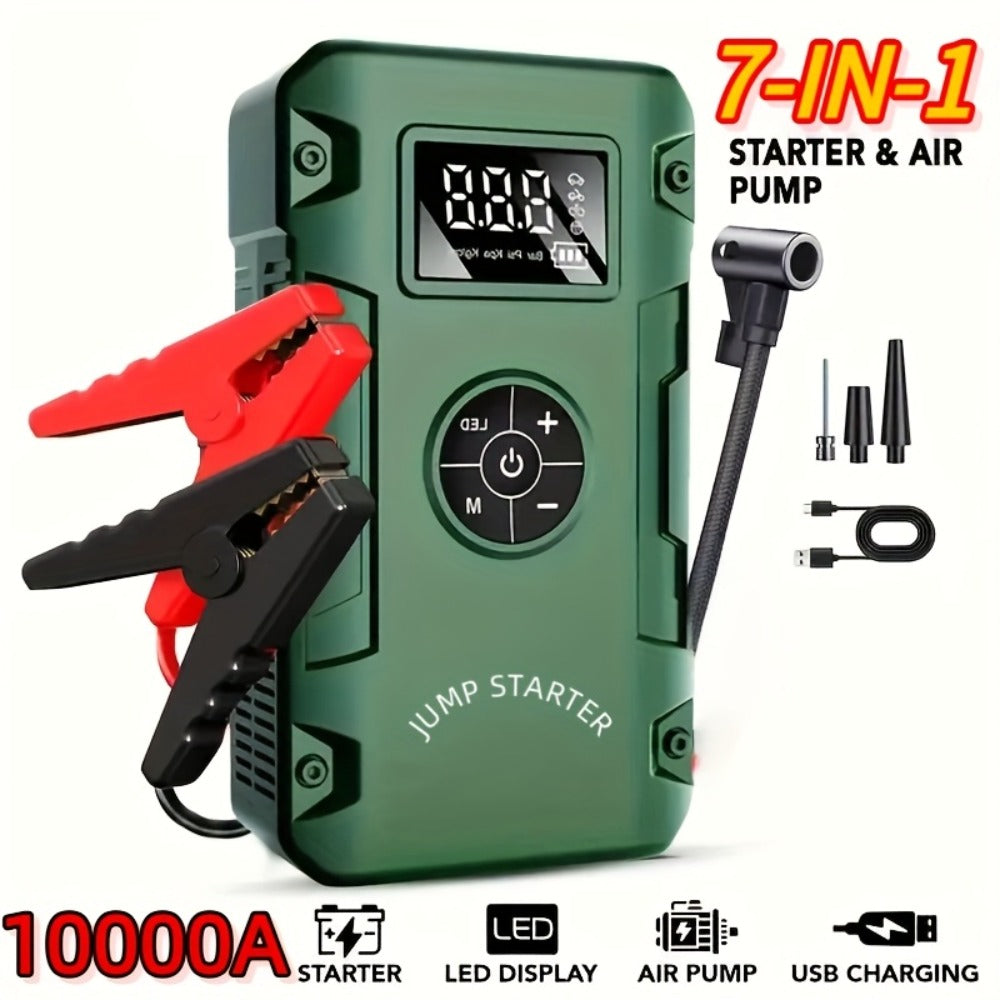Jump Starter 10000A 7-in-1 with Air Pump – 150PSI Tire Inflator, Portable Battery Booster for Gas & Diesel, USB & USB-C Power Bank, LED Emergency Light