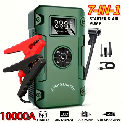 Jump Starter 10000A 7-in-1 with Air Pump – 150PSI Tire Inflator, Portable Battery Booster for Gas & Diesel, USB & USB-C Power Bank, LED Emergency Light