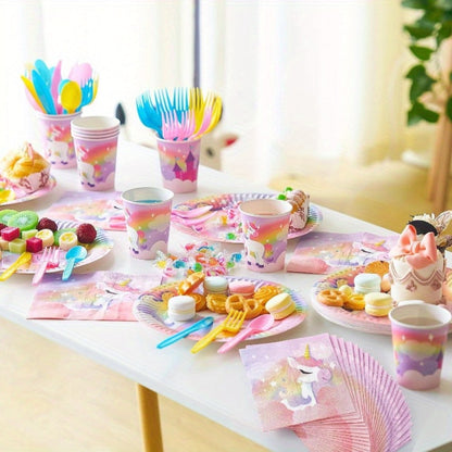 Unicorn Party Supplies 145 Pcs for 24 Guests – Disposable Tableware Set with Plates Cups Napkins Cutlery & Happy Birthday Banner for Unicorn Theme Birthday Party Decorations & Celebrations