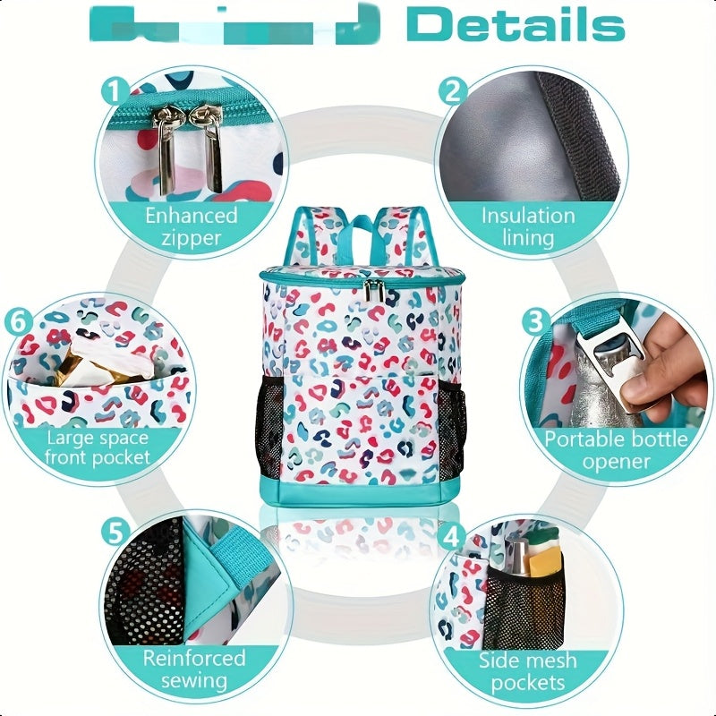 Insulated Cooler Backpack 30-Can Capacity, Leopard Print Portable Lunch Bag with Mesh Side Pockets & Adjustable Straps, Leakproof Thermal Cooler for Beach, Camping, Picnics, Hiking & Outdoor Travel