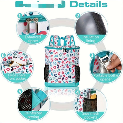 Insulated Cooler Backpack 30-Can Capacity, Leopard Print Portable Lunch Bag with Mesh Side Pockets & Adjustable Straps, Leakproof Thermal Cooler for Beach, Camping, Picnics, Hiking & Outdoor Travel