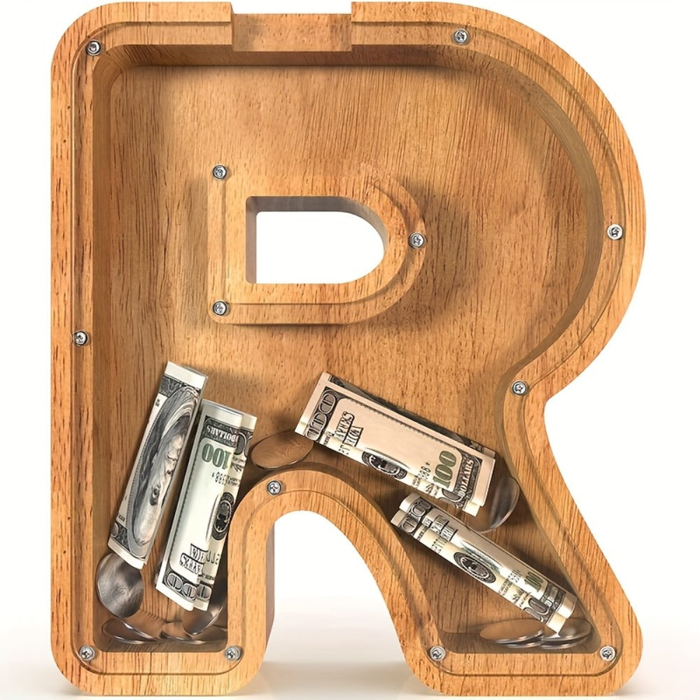 Wooden Letter Penny Bank – Alphabet Coin Bank Savings Box for Kids & Adults, Personalized Money Bank Birthday Gift, A to Z Initial Letter Bank