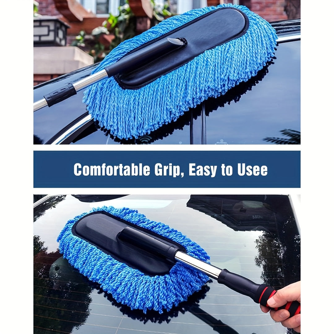 Car Cleaning Brush, Car Duster Exterior Scratch Free Microfiber, Handle Pollen and Dust Brush for Truck, SUV, Vehicles and Home Cleaning, Blue