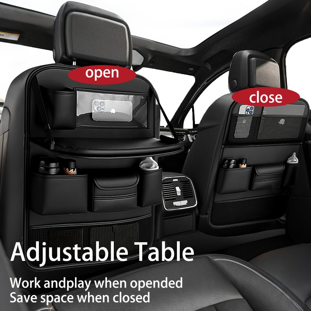Car Backseat Organizer with Foldable Table Tray & Tablet Holder – PU Leather Seat Back Protector Kick Mat, Multi-Pocket Storage for Kids & Travel