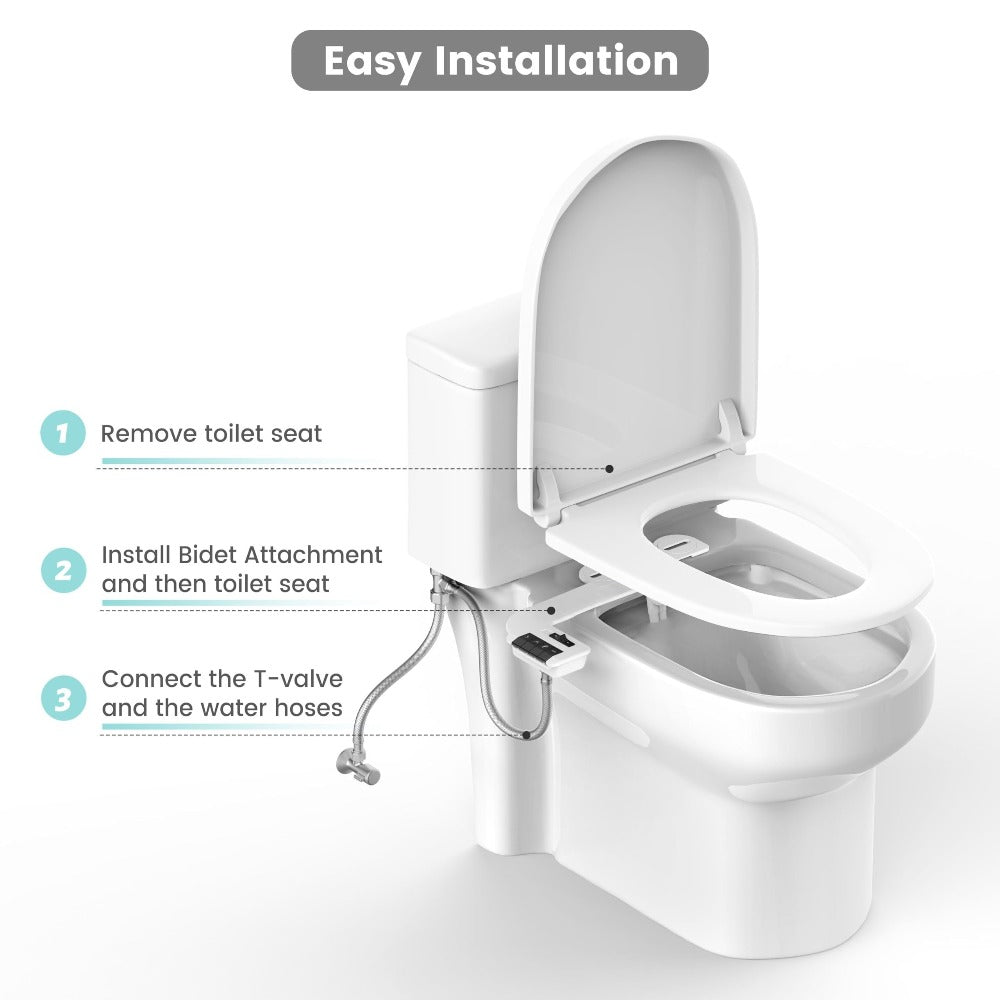 Bidet Attachment for Toilet - Dual Retractable Nozzle Non-Electric Self-Cleaning Fresh Water Bidet Sprayer, Adjustable Water Pressure, Fits Most Toilets, Brass T-Adapter & Metal Hose Included, Easy Install