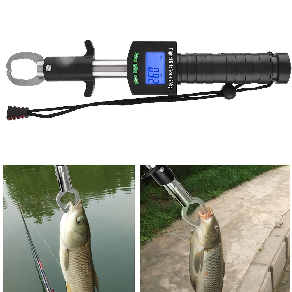 Digital Fishing Scale 25kg/55lb with Tape Measure - Portable Electronic Fish Weight Scale with LCD Display, Fish Mouth Clip & Stainless Steel Hook - Battery Included, Accuracy ±0.1kg