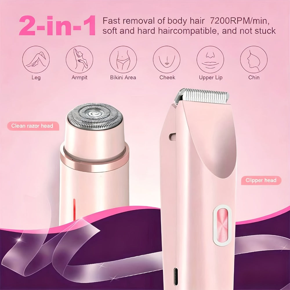 Electric Hair Removal Shaver Women 2-in-1 Dual Head USB Rechargeable - Stainless Steel Blades Cordless Epilator for Face Legs Bikini Line Underarms Intimate Areas - Pink Purple Blue