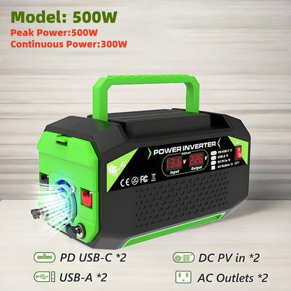 Power Inverter 500W/1000W DC 12V to AC 110V - Car Power Converter with LCD Display, 2 AC Outlets, 2 USB Ports & 2 Type-C, for Home, Car, RV, Camping & Outdoor Emergency Power